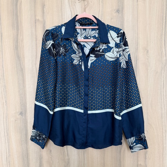 Zara Womens Mixed Print Blouse Size M Blue Floral Polka Dot Button Up Shirt Boho - Picture 1 of 8